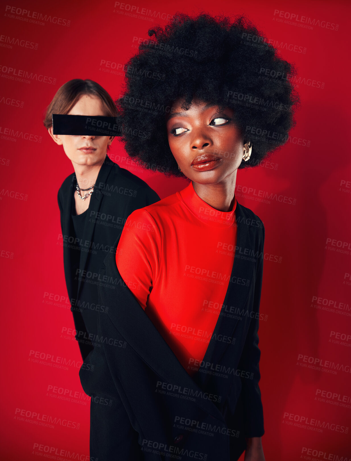 Buy stock photo Fashion, retro or people with style, clothes or creative aesthetic on a red studio background. Black woman, man with cool glasses or vintage outfit with beauty, trendy or friends with artistic design