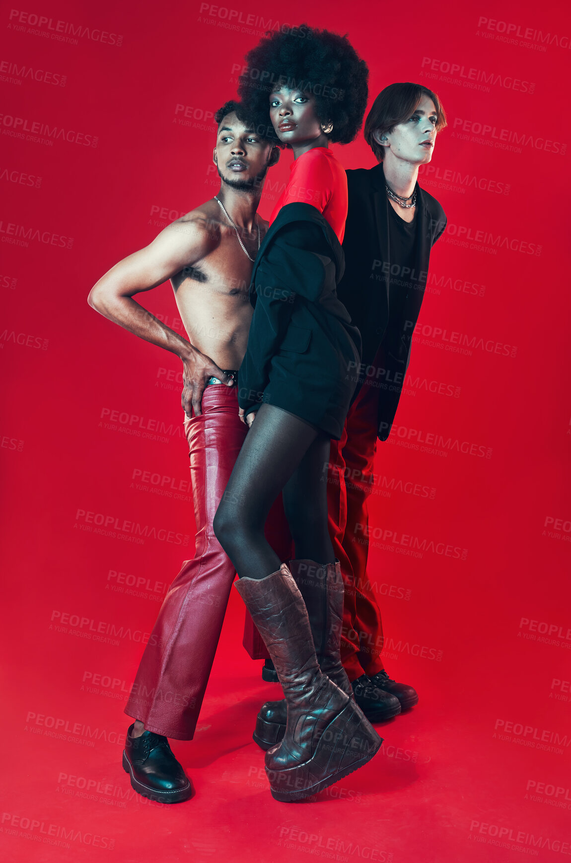 Buy stock photo Fashion, group and portrait with diversity of gay people with creative black woman, man and model on red background. Lgbt, friends and beauty for edgy, gen z or unique aesthetic makeup in studio