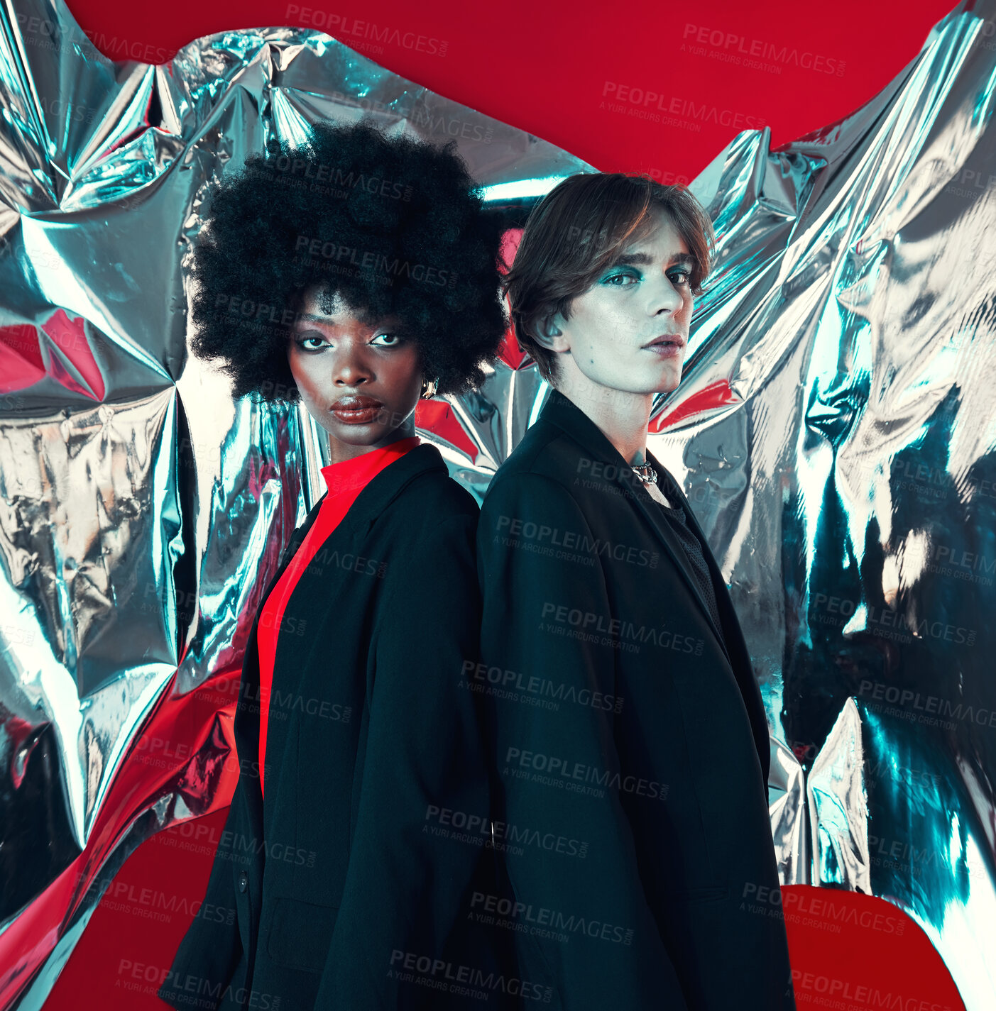 Buy stock photo Creative, portrait and people on a studio background for art, rock or aesthetic. Makeup, fashion and a black woman with a man for a punk or vintage couple isolated on a studio backdrop together