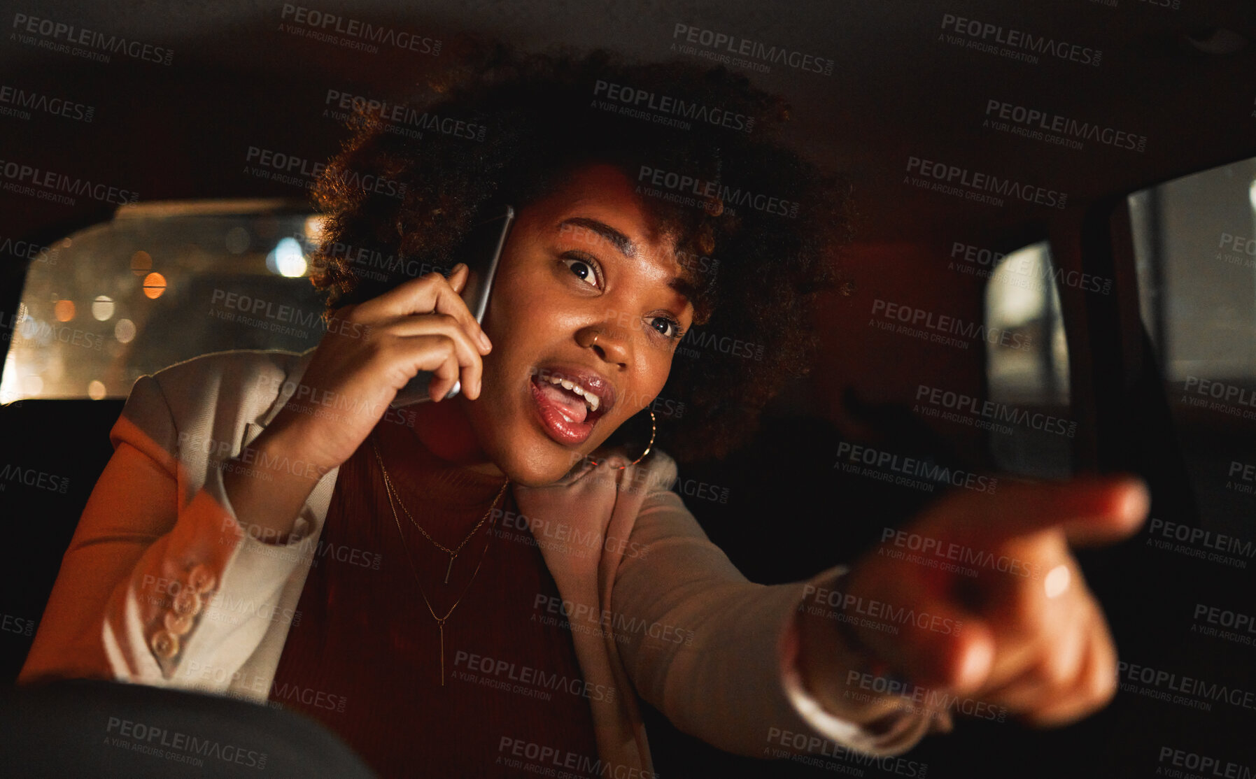 Buy stock photo Black woman, phone call and night in taxi, travel or pointing to destination in conversation. Happy African female person smile in late evening talking on mobile smartphone in road trip discussion