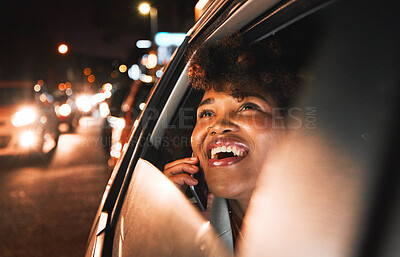 Buy stock photo Travel, car and night, black woman and phone call, city view and communication with drive and smile on face. Transportation, adventure and happiness, technology with conversation on mobile and urban