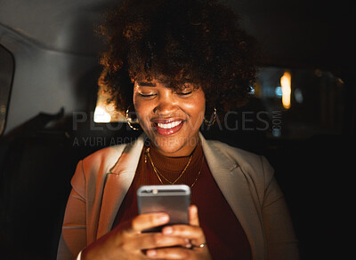 Buy stock photo Black woman, afro and phone at night in taxi, travel or communication in social media or networking. Happy African female person smile in online chatting or late evening on mobile smartphone in car