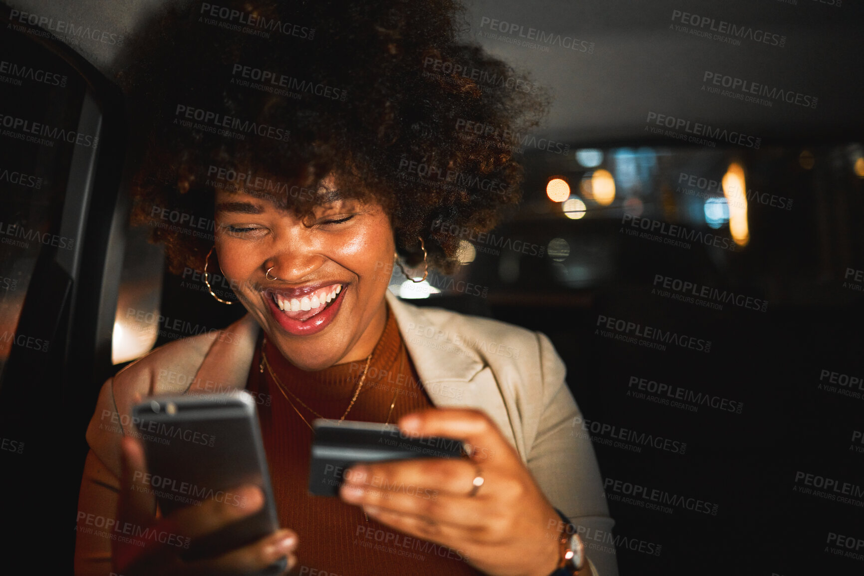 Buy stock photo Black woman, smartphone and credit card, travel and online shopping in car at night, happiness and payment. Smile, e commerce and internet banking, app and transportation with account and fintech