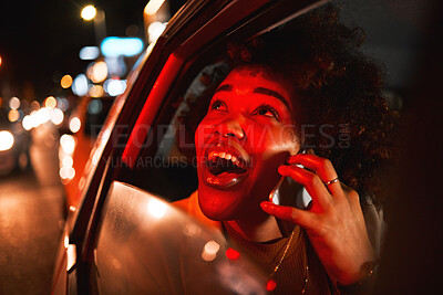 Buy stock photo Happy black woman, phone call and car at night in city for communication, conversation or outdoor networking. African female person smile in travel or late evening on mobile smartphone in town street