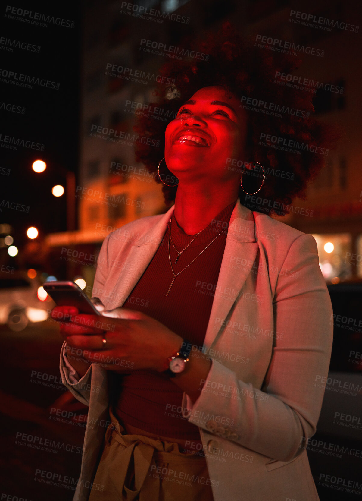 Buy stock photo Thinking, woman and phone in city at night, typing and social media outdoor. Idea, smartphone and African person in street on internet, networking and happy smile on website app on neon light bokeh