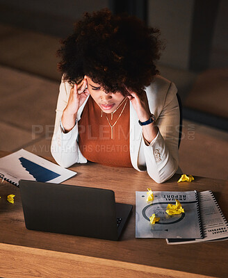 Buy stock photo Business woman, stress and headache on laptop of project proposal, report and planning, research or job deadline at night. African person, worker or editing with pain, anxiety or tired on computer