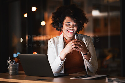Buy stock photo African, business woman and reading with phone at night working in office with social media, meme or funny email. Contact, communication and happy employee online in Kenya networking with cellphone