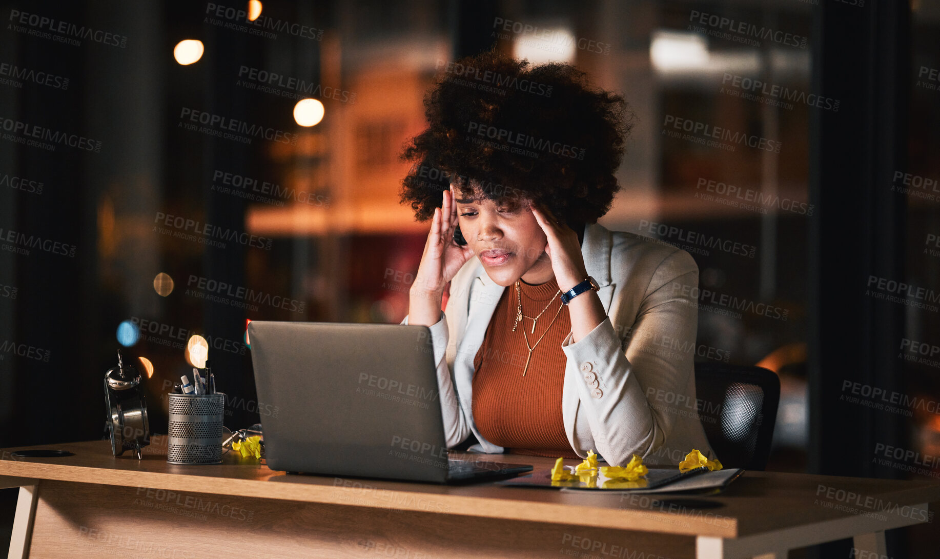 Buy stock photo Business woman, stress and headache on computer of project proposal, report and planning, research or job deadline at night. Professional african person editing with pain, anxiety or tired on laptop