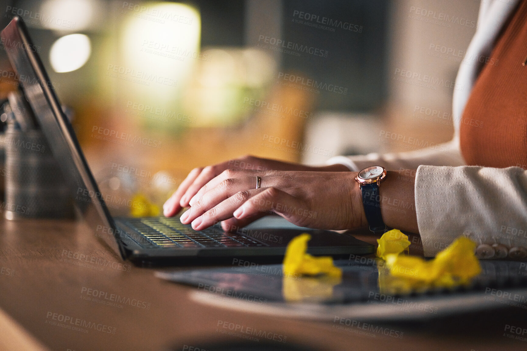 Buy stock photo Hands typing, laptop and closeup on table, research and working late on deadline at night. Computer, keyboard and professional on internet at desk, consultant networking and writing business email