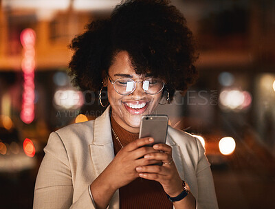 Buy stock photo Reading, phone and African woman at night working in office with social media, meme or funny email or communication. Digital marketing, strategy and happy employee with online networking on cellphone