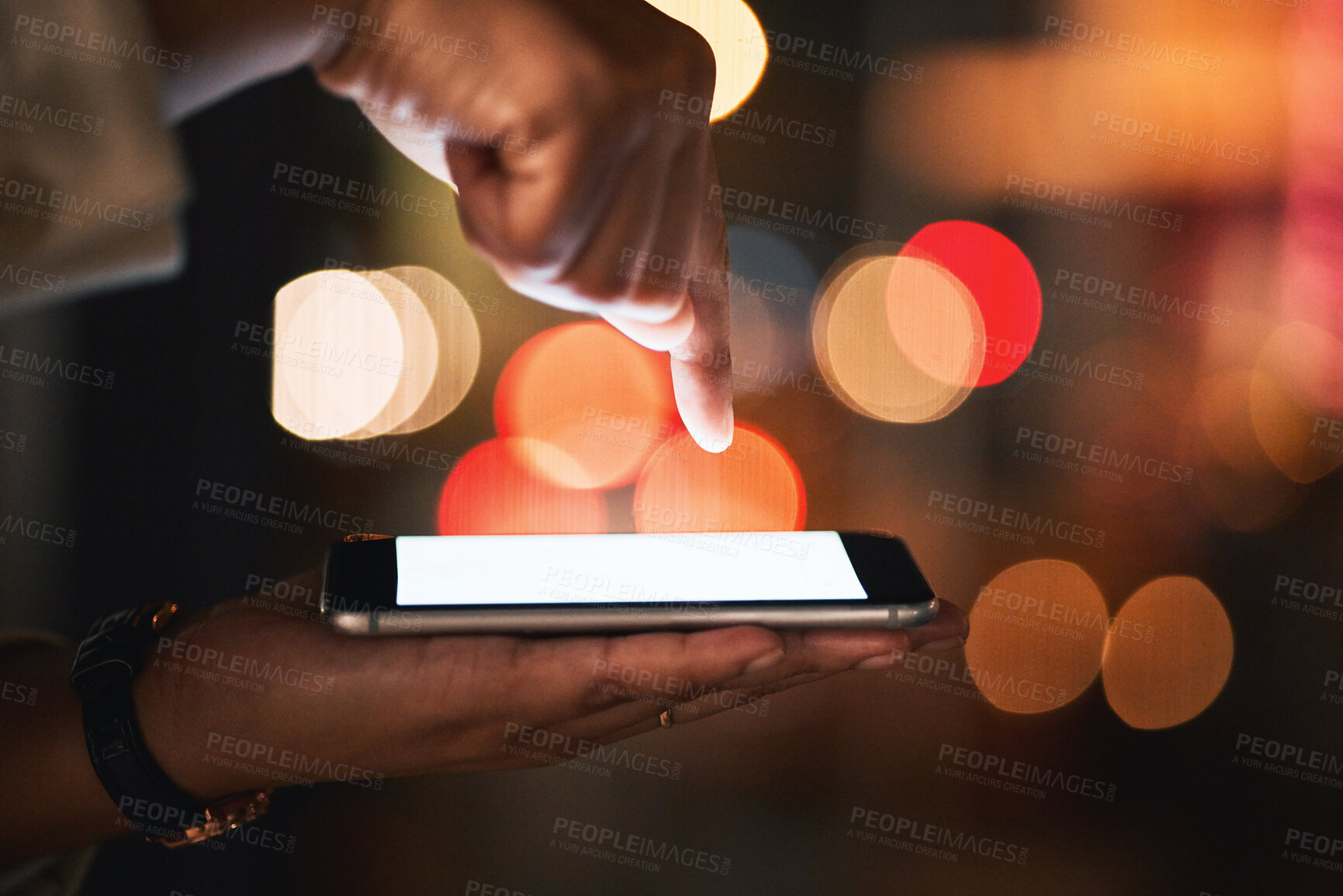 Buy stock photo Hand, phone and fingerprint access with a business person outdoor in the city closeup at night. Cybersecurity, password and biometrics with an employee holding a mobile for a social media dashboard