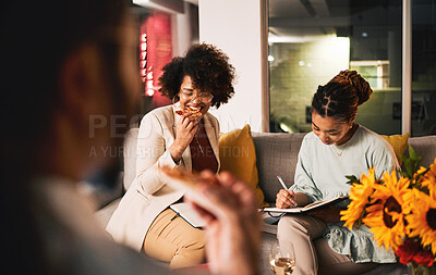 Buy stock photo Pizza, food and people planning in office at night in happy collaboration with team eating together on break at workplace. Business, dinner and staff in startup working, meeting or hungry employee