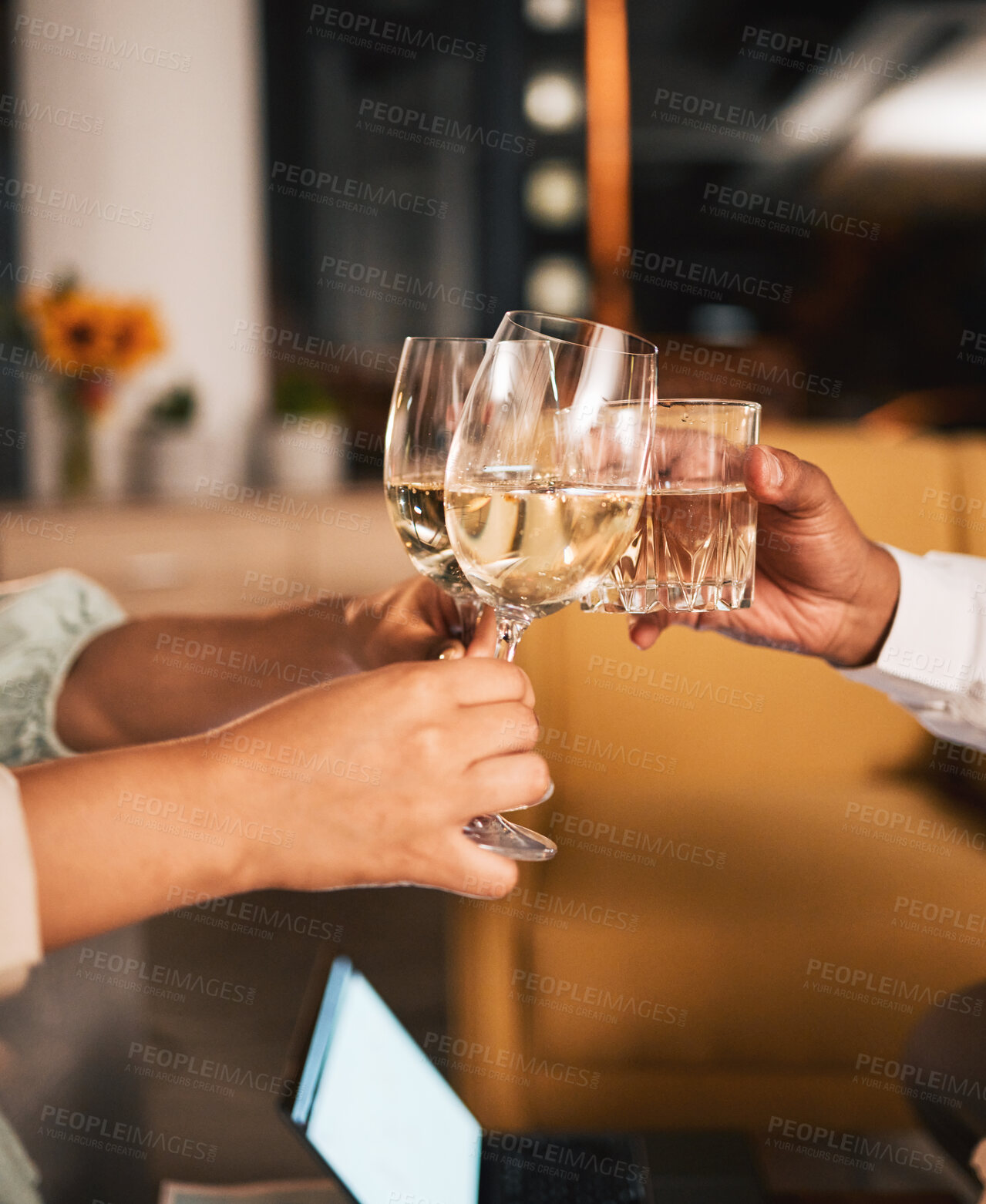 Buy stock photo Toast, wine and glasses with hands and business people at night, celebration of deadline target with collaboration. Alcohol drink, party and winning, cheers and overtime with working late and meeting