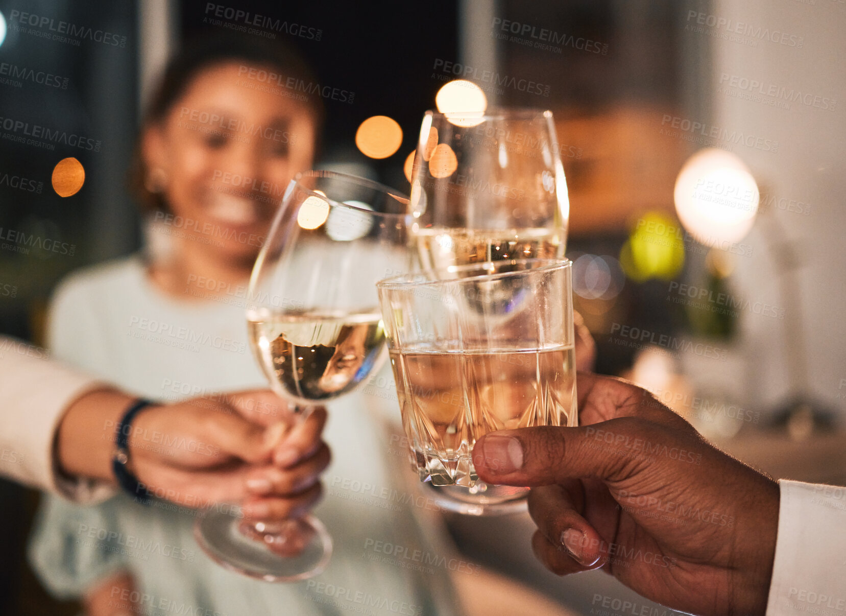 Buy stock photo Celebration, toast and people with drink in hands in congratulations, cheers and support achievement at party. Drinking, alcohol and night with friends and cheering with champagne, wine or whiskey 