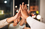 Success, closeup and business people with a high five at night for motivation or team building. Happy, dark and employees with a gesture in an office for goals, target or achievement on a deadline