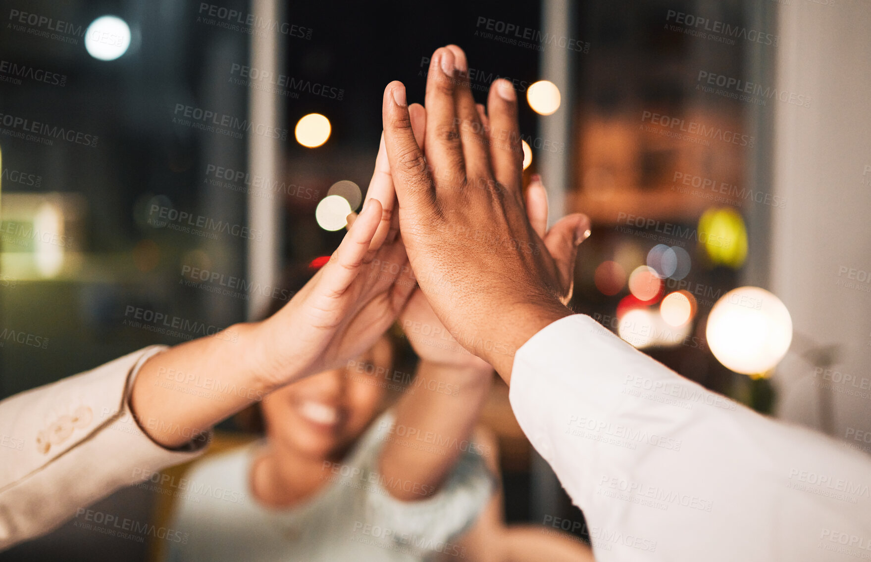 Buy stock photo Success, closeup and business people with a high five at night for motivation or team building. Happy, dark and employees with a gesture in an office for goals, target or achievement on a deadline
