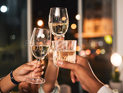 Buy stock photo Cheers, wine and glasses with hands and business people at night, celebration of deadline target with collaboration. Alcohol drink, party and winning, toast and overtime with working late and meeting