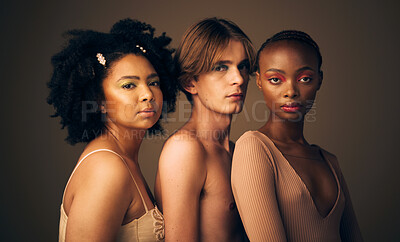 Buy stock photo Portrait, beauty or skincare with a man and women in studio on a dark background for makeup or cosmetics. Face, friends and diversity with confident young people posing for inclusion or freedom