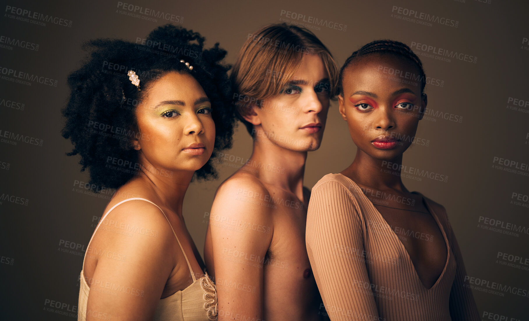 Buy stock photo Portrait, beauty or skincare with a man and women in studio on a dark background for makeup or cosmetics. Face, friends and diversity with confident young people posing for inclusion or freedom