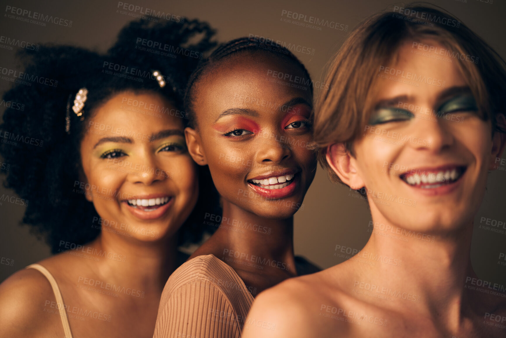 Buy stock photo Makeup, portrait and diversity in beauty with lgbt or queer women and man in studio for creative cosmetics and fashion. Happy, face and unique style for gen z, art or model with colorful eyeshadow 