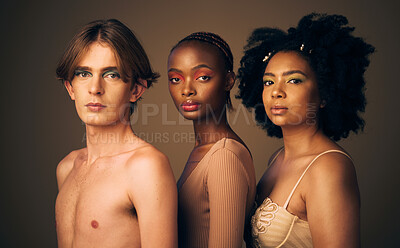 Buy stock photo Diversity, beauty and skin, portrait and people, dermatology and inclusion isolated on studio background. Gen z, young women and man with face, equality and cosmetics with skincare and wellness