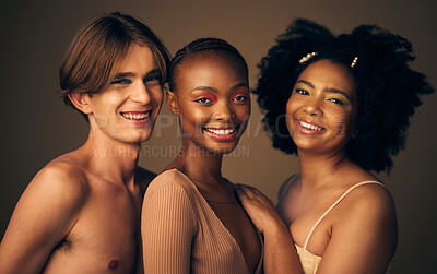 Buy stock photo Portrait, beauty or makeup with a man and women in studio on a dark background for skincare or cosmetics. Face, friends and diversity with young people posing for inclusion or artistic freedom