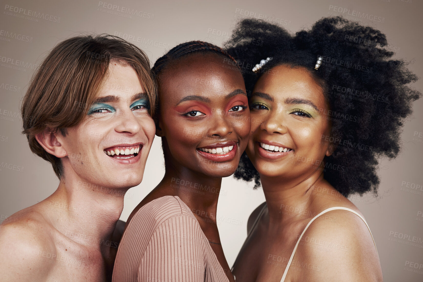 Buy stock photo Portrait, diversity and people with makeup, smile and dermatology isolated on studio background. Face, man or women with cosmetics, multiracial or self care with inclusion, group with beauty or shine