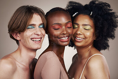 Buy stock photo Diversity, beauty and skin, people with smile and dermatology with inclusion isolated on studio background. Gen z, young women and man with face, equality and cosmetics with skincare and wellness