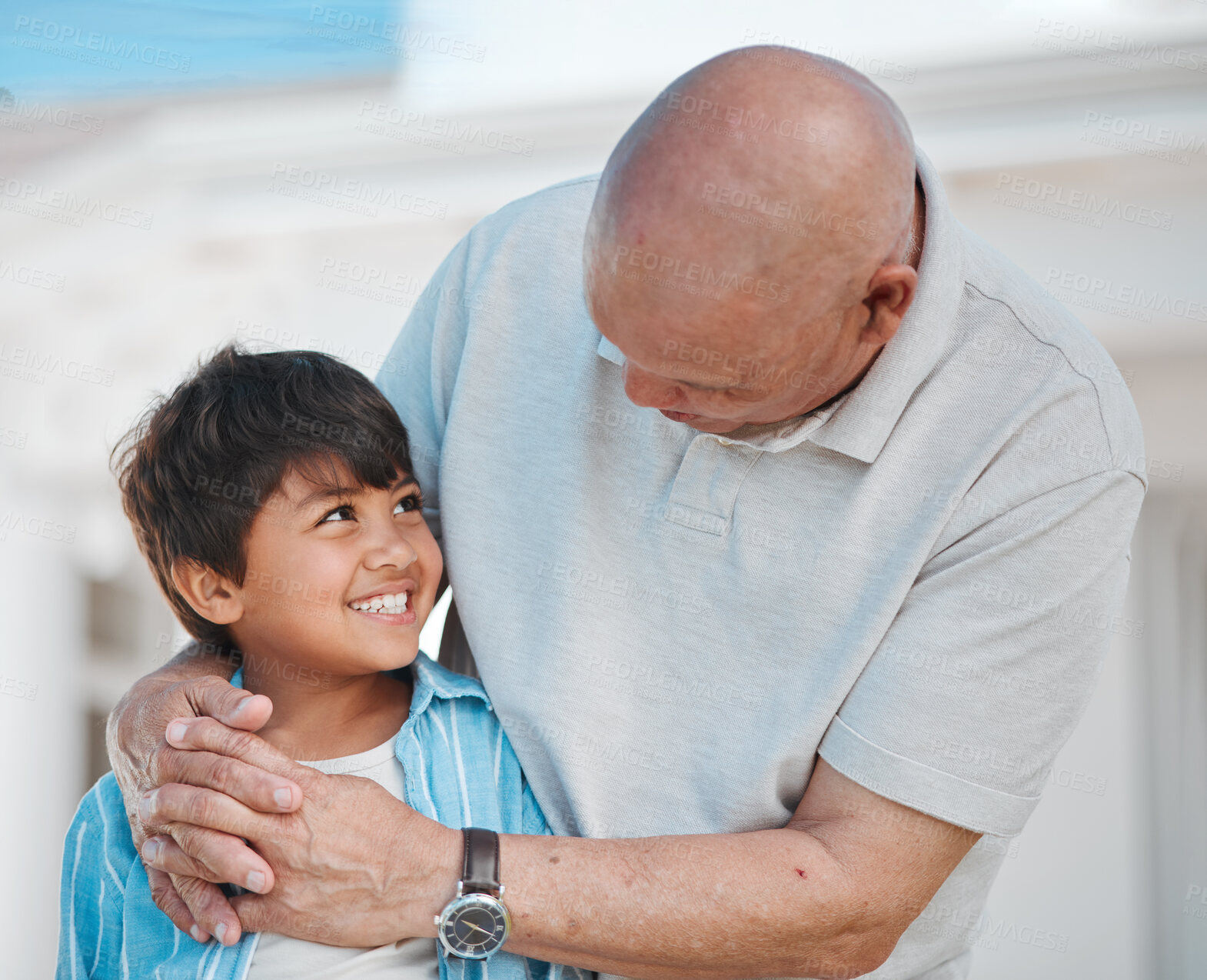 Buy stock photo Hug, elderly man and boy child with smile, love and care for quality time and relax outside family home. Bond, grandparent and senior embrace young kid with affection for happiness and weekend break