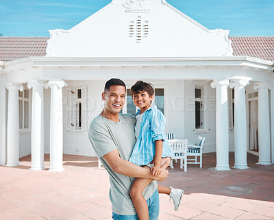 Buy stock photo Happy, new home and portrait of father and child standing outdoor of their property or real estate. Smile, love and young dad with his boy kid standing outdoor building or modern house in backyard.