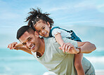 Piggy back, portrait and father with girl, travel and vacation with energy, summer break and playful together. Happy family, dad carrying female child and kid with seaside holiday, smile or adventure