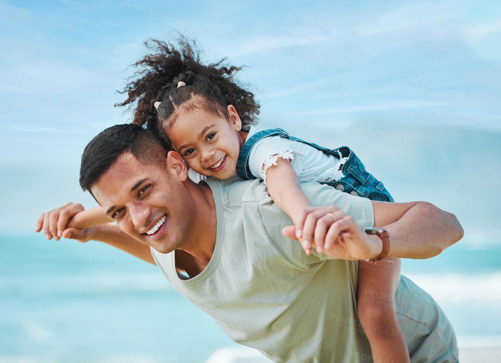 Buy stock photo Piggy back, portrait and father with girl, travel and vacation with energy, summer break and playful together. Happy family, dad carrying female child and kid with seaside holiday, smile or adventure