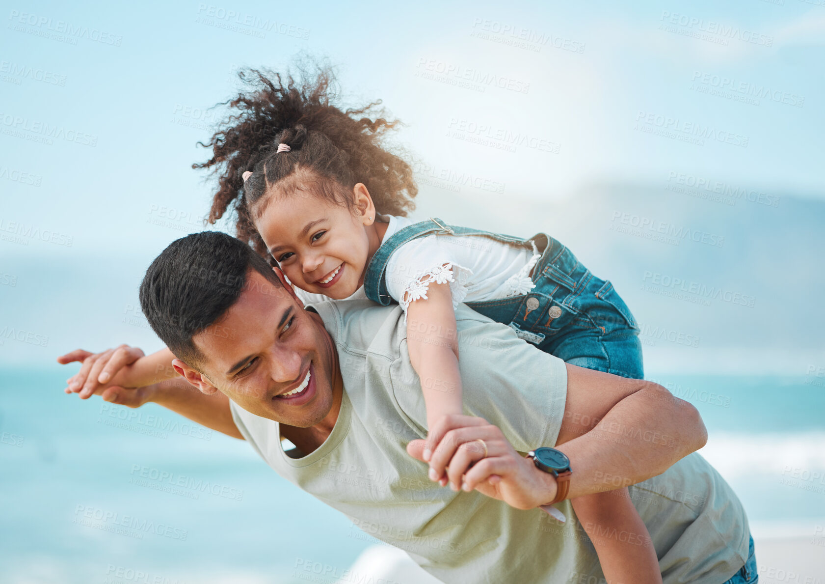 Buy stock photo Piggy back, beach and father with girl, love and vacation with energy freedom and playful together. Happy family, dad carry female child and kid with seaside holiday, excited or travel with adventure