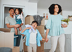 Happy kids, wow or excited parents in new home, real estate property investment or rental apartment. Surprise, shocked father or children walking or holding hands with mom in family house together