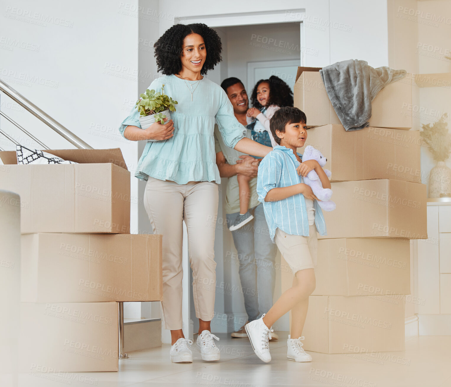 Buy stock photo Kids, new home or parents moving boxes in real estate property investment or rental apartment. Mother helping, proud father or excited children carrying or walking by a box in family house together 