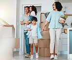 Kids, surprise or excited parents in new home, real estate property investment or rental apartment. Wow, shocked father or happy children walking or holding hands with mom in family house together 