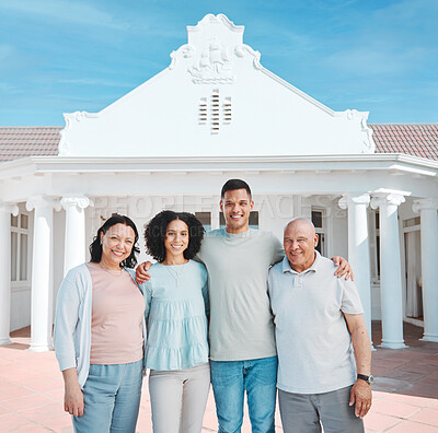 Buy stock photo Happy, real estate and portrait of generations of family standing outdoor of new property or home investment. Smile, love and young man and woman homeowners with senior parents by a modern house.