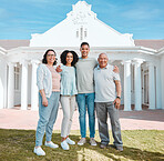 Smile, new home and portrait of generations of family standing outdoor of their property or real estate. Happy, love and young man and woman homeowners with their senior parents by a modern house.