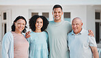 Happy, property and portrait of generations of family standing outdoor of their new home or real estate. Smile, love and young man and woman homeowners with their senior parents by a modern house.