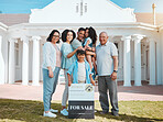 Portrait, real estate and a family with a for sale sign outside of their home together for growth or relocation. Grandparents, parents and children in the garden of a property or house on moving day