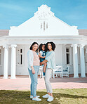 Portrait of grandmother, mother and girl by their new home, property or real estate backyard. Smile, happy and young mom with her child and mother standing outdoor the modern house or building.