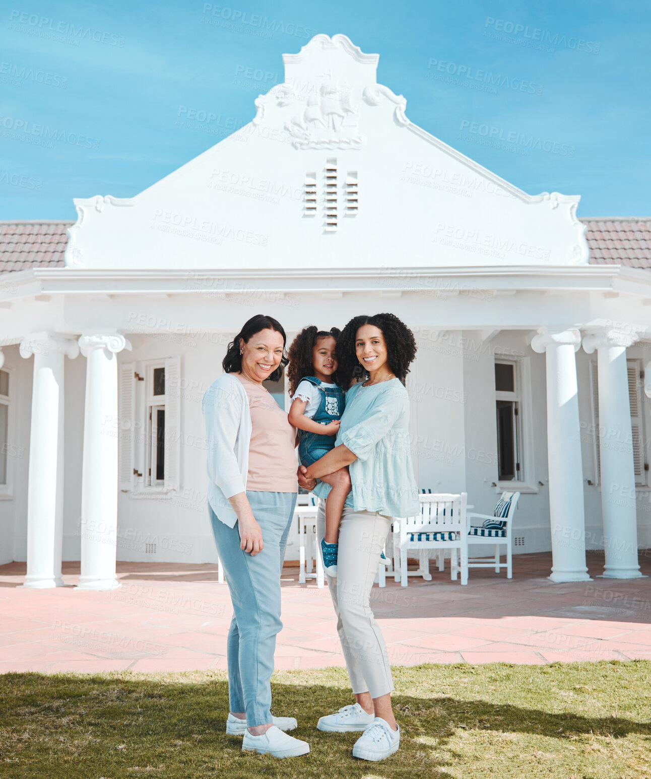 Buy stock photo Portrait of grandmother, mother and girl by their new home, property or real estate backyard. Smile, happy and young mom with her child and mother standing outdoor the modern house or building.