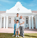 Portrait of grandfather, father and boy by new home, property or real estate backyard. Smile, happy and young dad standing outdoor a modern house or building with his child and senior man with pride.