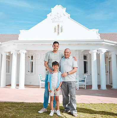 Buy stock photo Portrait of grandfather, father and boy by new home, property or real estate backyard. Smile, happy and young dad standing outdoor a modern house or building with his child and senior man with pride.