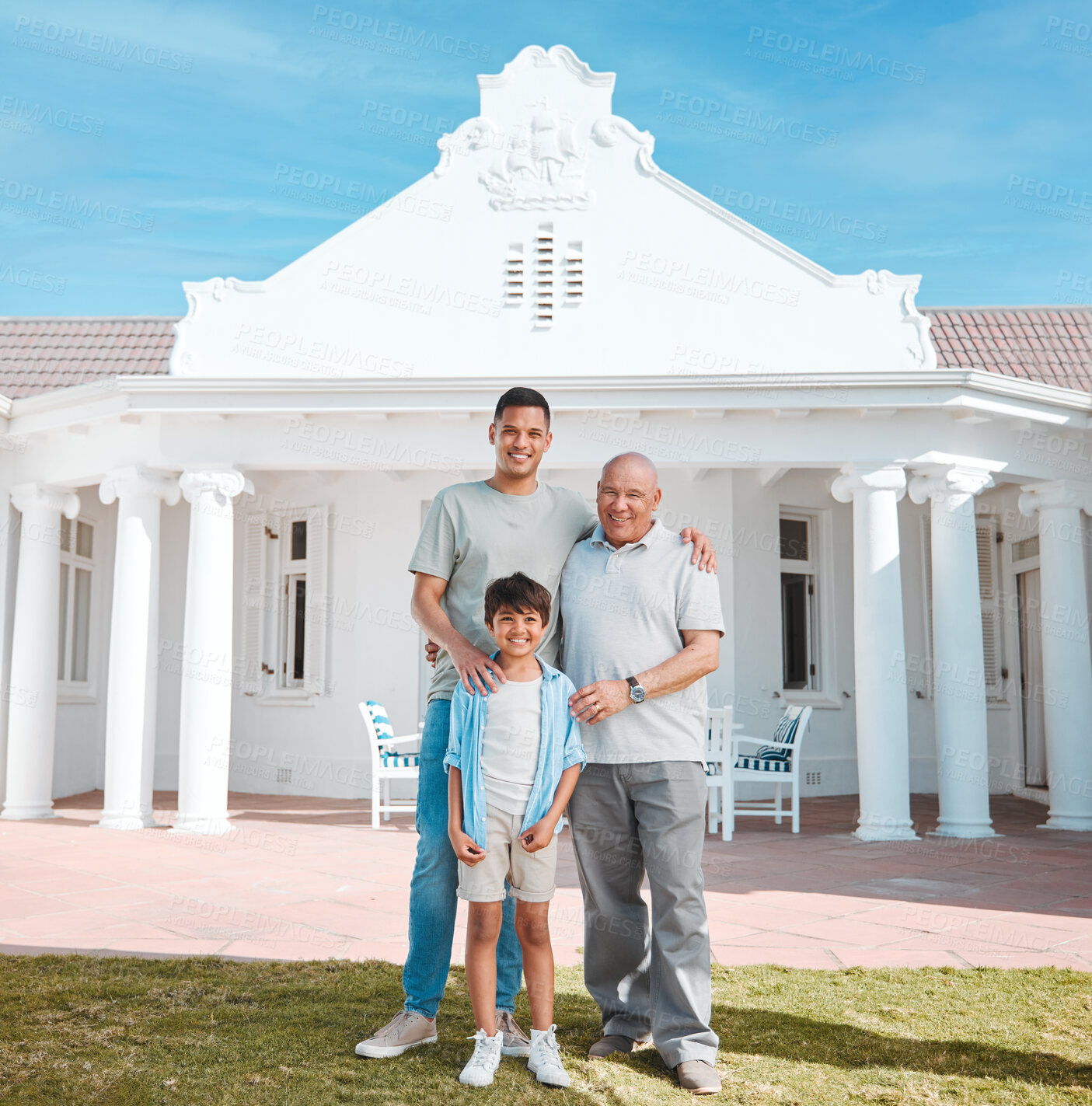 Buy stock photo Portrait of grandfather, father and boy by new home, property or real estate backyard. Smile, happy and young dad standing outdoor a modern house or building with his child and senior man with pride.