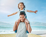 Piggy back, beach and father with girl, portrait and summer vacation with energy, adventure and playful together. Happy family, dad carrying child and kid with seaside holiday, happiness and travel