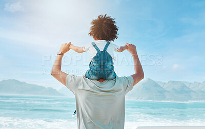 Buy stock photo Back, piggyback and a man with his daughter on a beach, looking at the view together on holiday or vacation. Summer, freedom and family with a man carrying his girl child on his shoulders by the sea