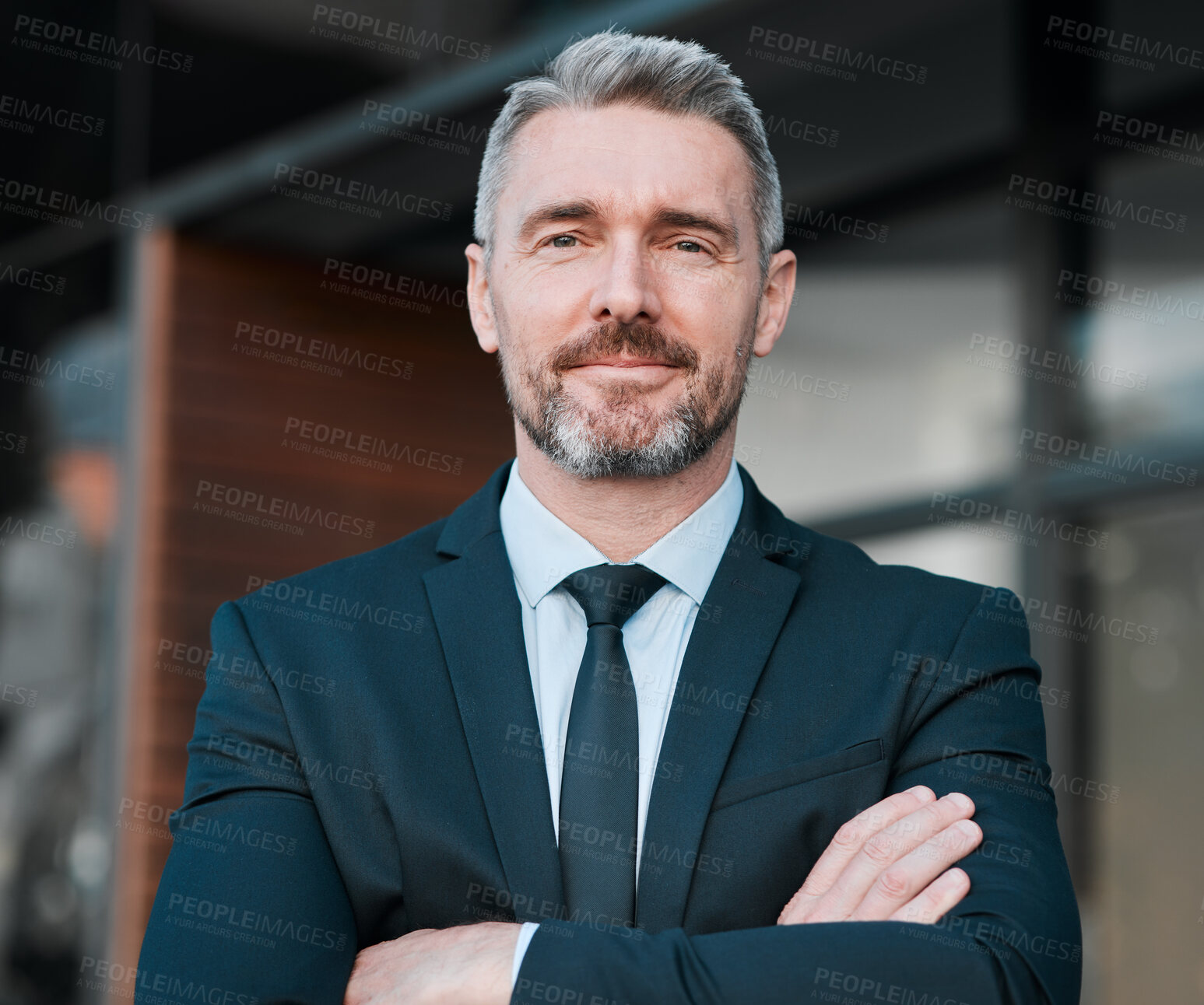 Buy stock photo Business man, mature and portrait outdoor with arms crossed for professional career and positive attitude. Face of entrepreneur or CEO person with pride, confidence and ambition of corporate boss