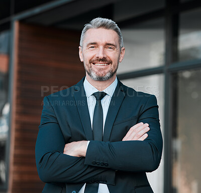 Buy stock photo Mature man, business and arms crossed outdoor for professional career and positive attitude. Portrait of happy entrepreneur person from Canada with pride, confidence and smile for corporate growth