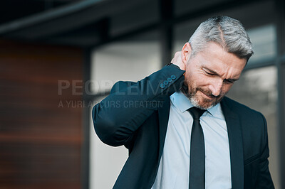 Buy stock photo Tired, mature and a businessman with neck pain in the city from work stress, problem or accident. Sad, medical emergency and a ceo or manager with a muscle injury, frustrated or professional fatigue